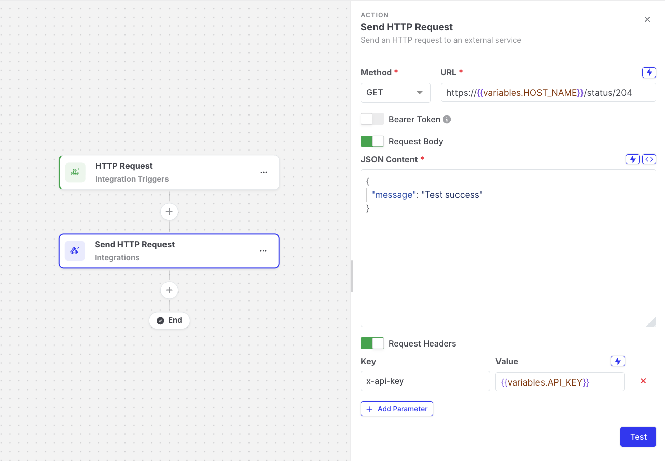 Send HTTP Request: X-API-Key header with an encrypted variable